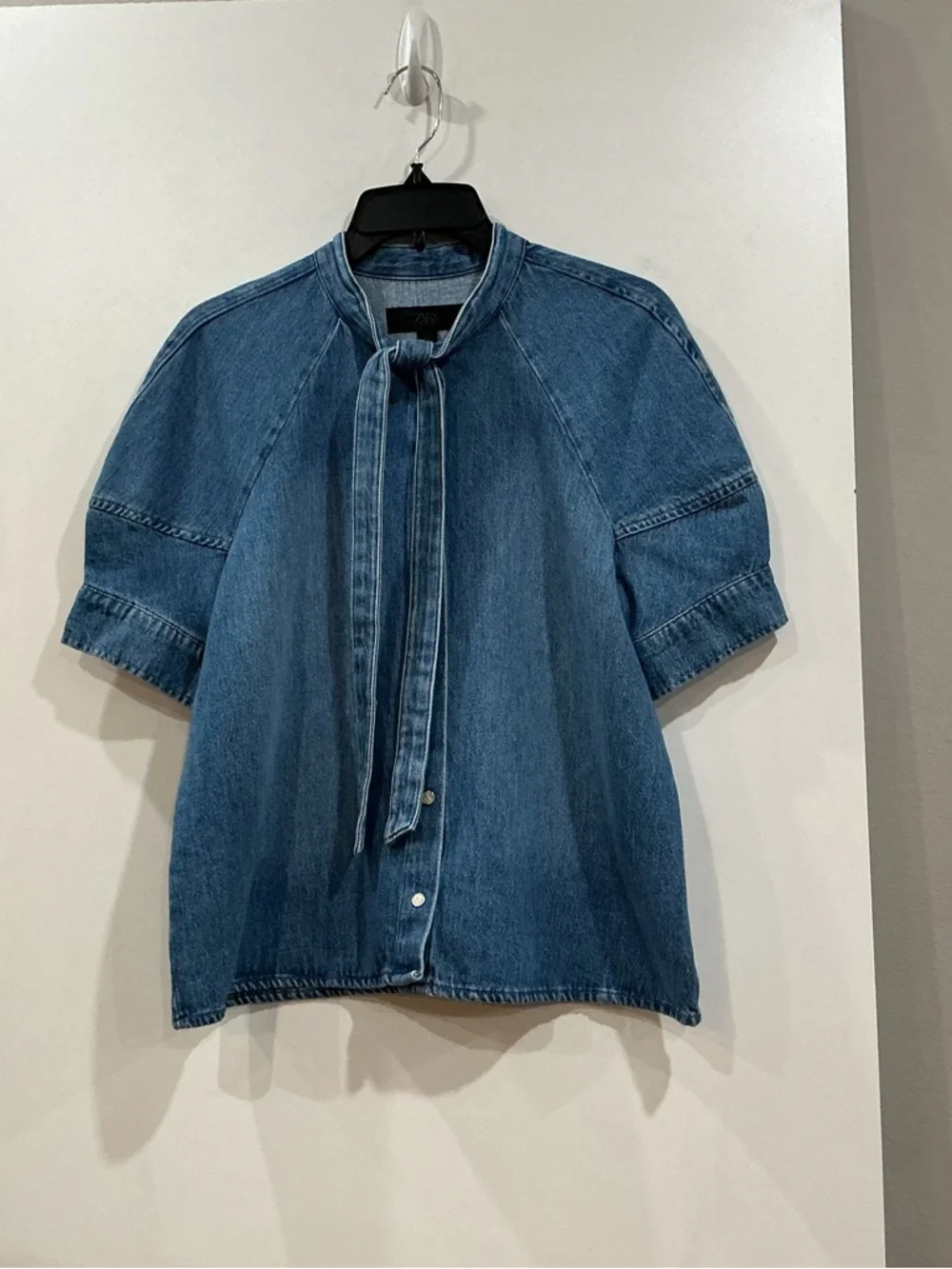 Zara Blue Denim Tie-Neck Top